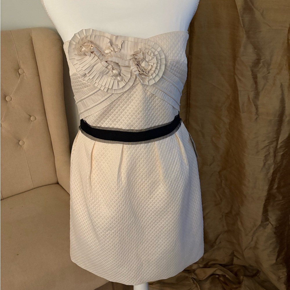 Elegant Cream Strapless Dress with Black Accent